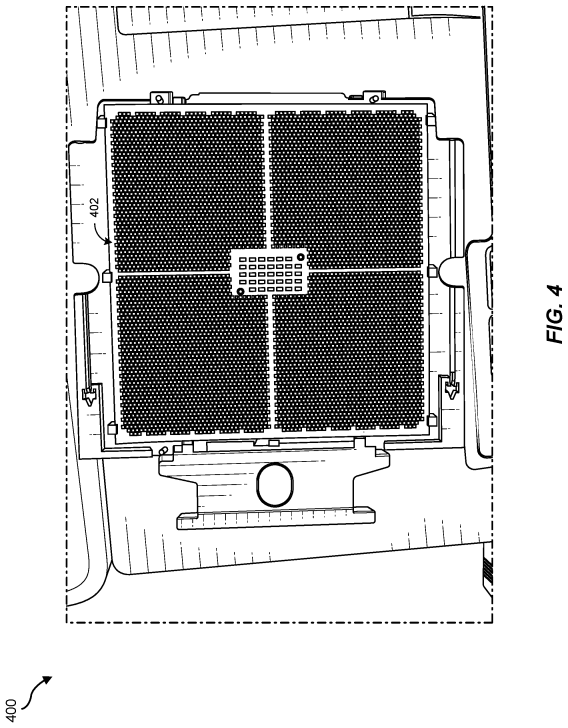 Diagramme d'un composant électronique avec un motif en grille et sections étiquetées.