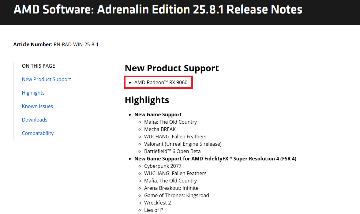 AMD Software 25.8.1 Release Notes, Radeon RX 9060 support, game highlights.