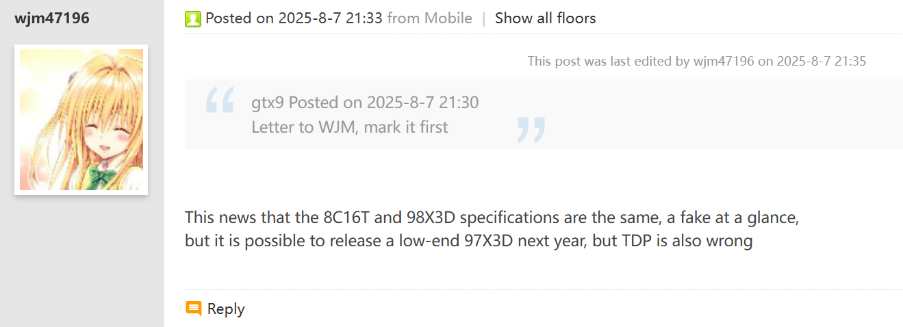 Forum post discussing tech specs of 8C16T, 98X3D, and potential 97X3D release.