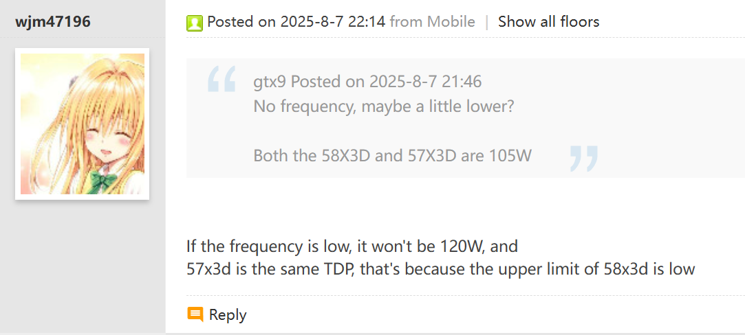 Discussion on CPU frequency and power limits, including 58X3D and 57X3D specifications.
