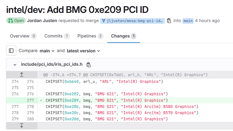 Demande de pull GitHub pour ajouter le BMG 0xe209 au code graphique Intel.