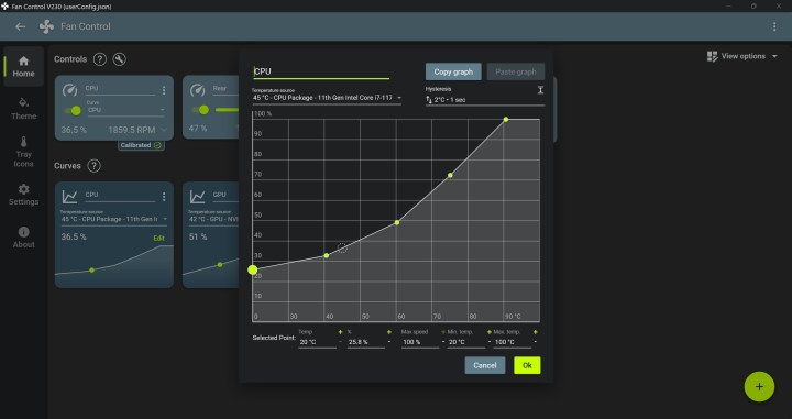 Capture d'écran du logiciel Fan Control montrant la courbe personnalisée du ventilateur CPU