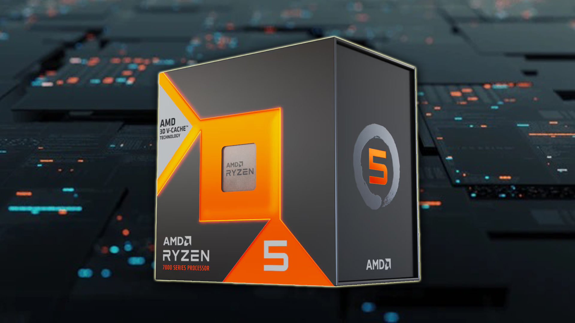 Box of AMD Ryzen 7000 Series Processor with 3D V-Cache technology, black and orange design.