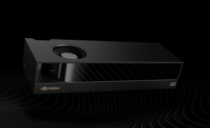 Carte graphique NVIDIA RTX Pro 2000 sur fond futuriste.