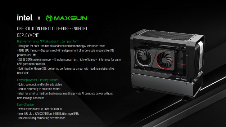 Intel and MaxSun AI workstation showcasing powerful GPU and compact design for seamless AI deployment.