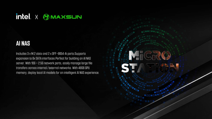 Intel MaxSun AI NAS with M.2 slots and SFF ports. Advanced file transfer and AI deployment capabilities.