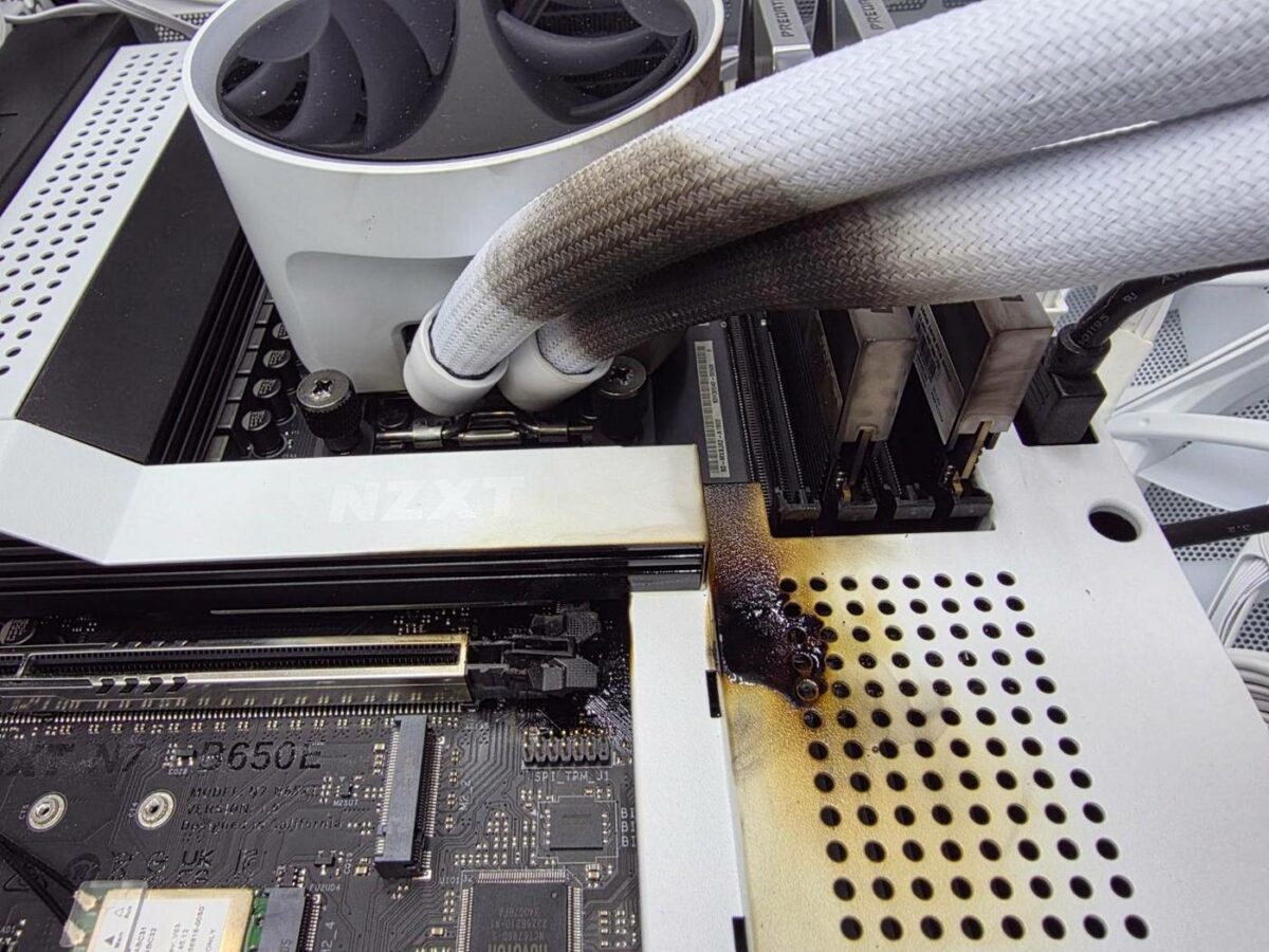NZXT N7 B650E motherboard fire damage.
