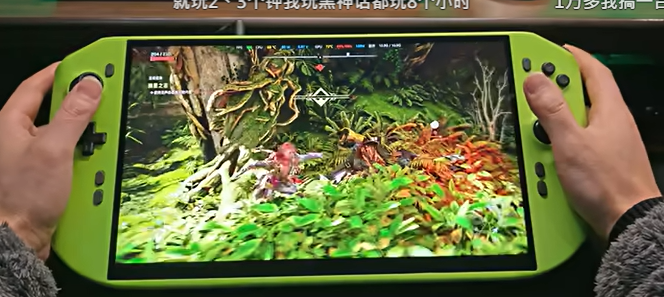 Handheld gaming console displaying vibrant jungle game scene.