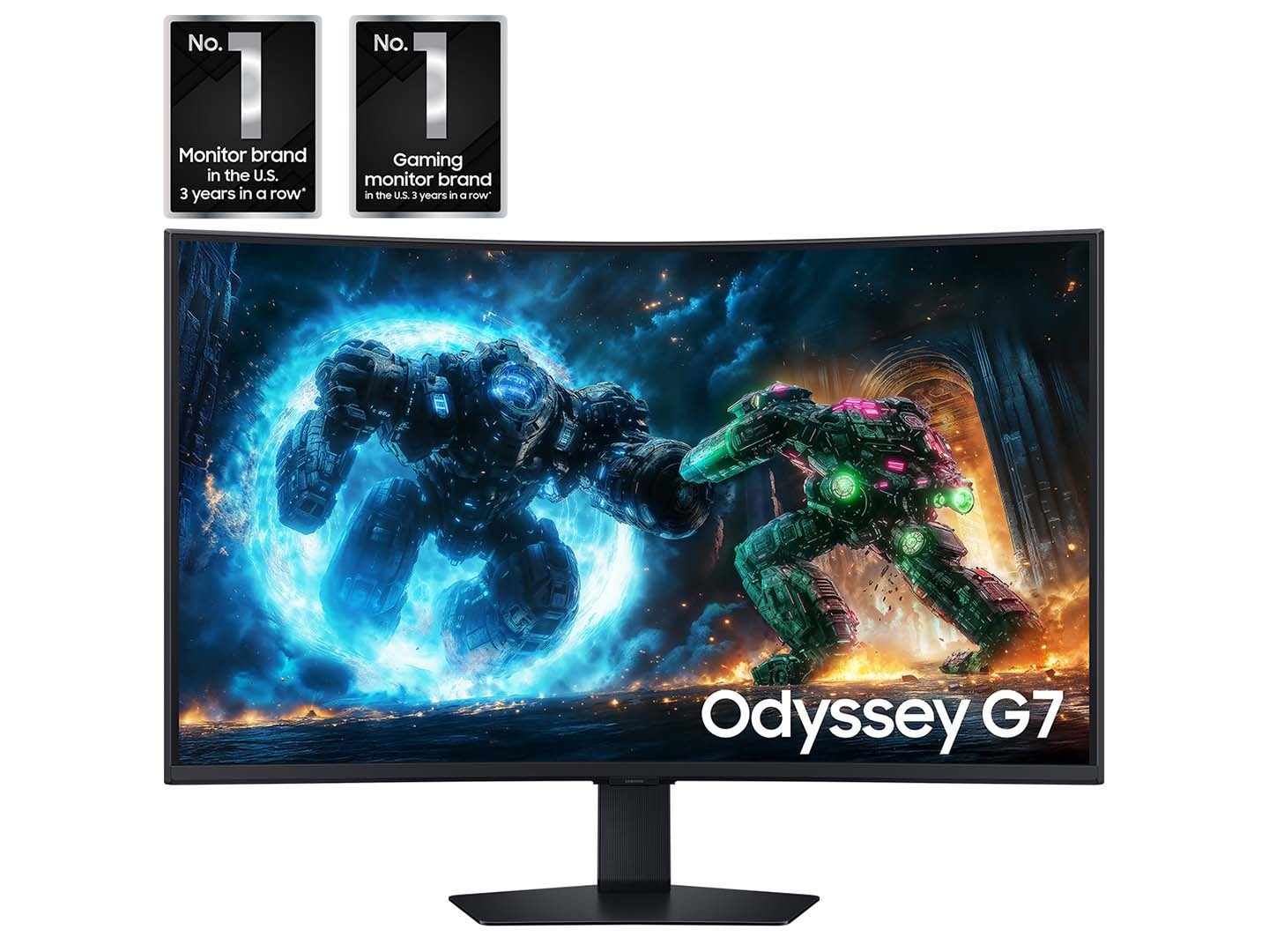 Moniteur gaming incurvé Odyssey G7 avec un affichage vibrant de combat robotique.