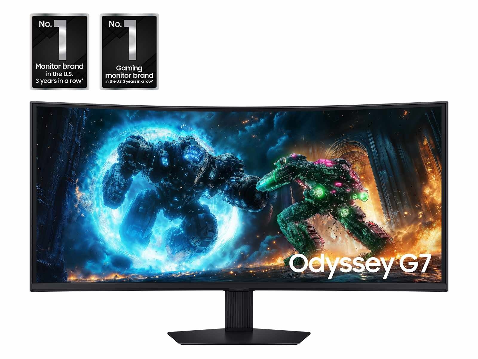 Moniteur incurvé Odyssey G7 avec un graphique vibrant de robot.