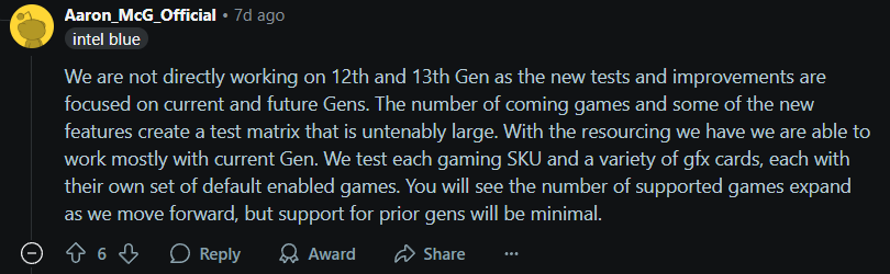 Commentaire sur Reddit concernant l'accent d'Intel sur les générations futures et les tests de jeux.
