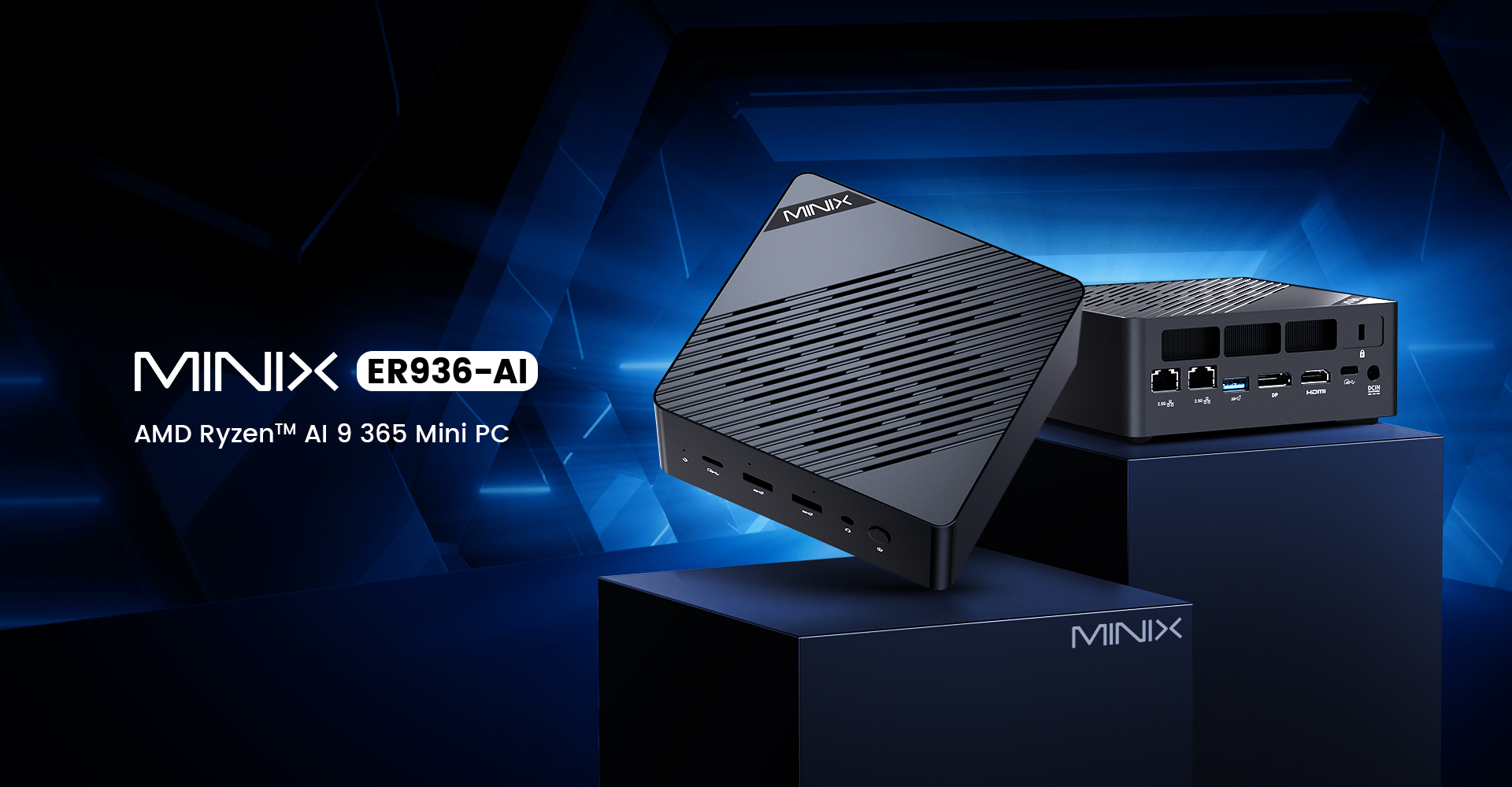 MINIX ER936-AI Mini PC avec AMD Ryzen AI, design épuré en aperçu avec ports visibles.
