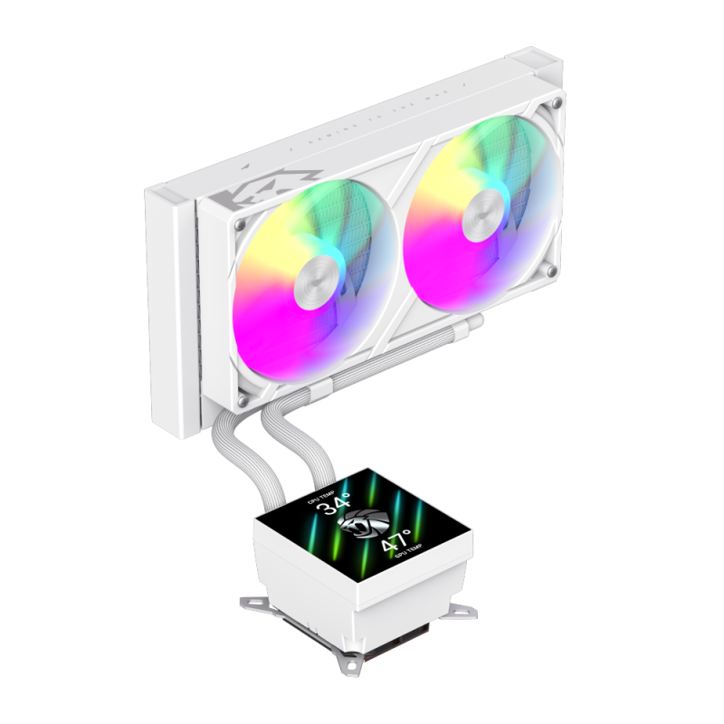 White liquid CPU cooler with RGB fans and digital display.