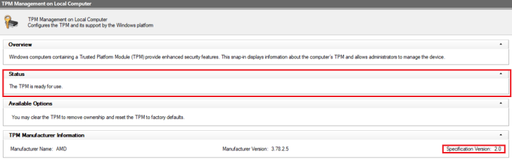 Interface de gestion TPM montrant le statut TPM prêt à l'emploi, spécification 2.0.