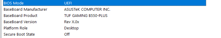 Informations BIOS : ASUS TUF Gaming B550-Plus, mode UEFI, Secure Boot désactivé.