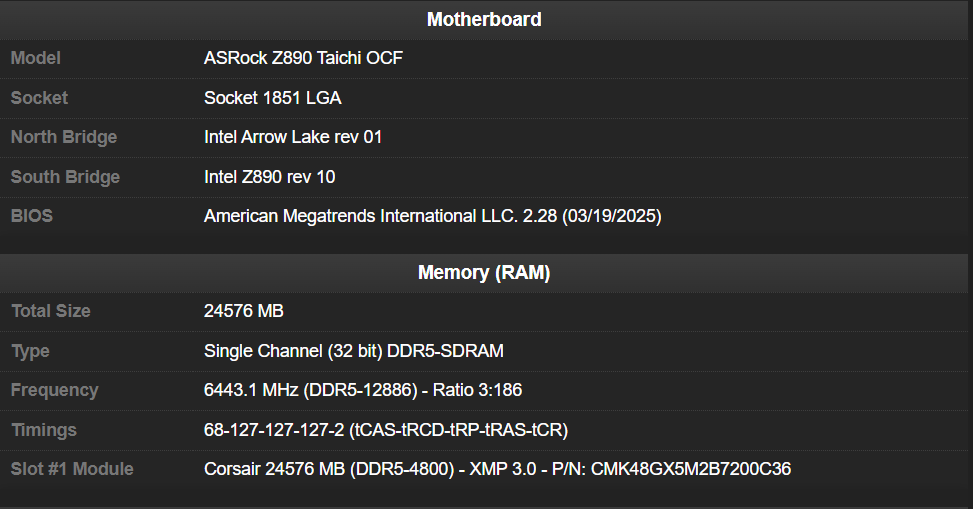 Vue d'ensemble des spécifications de la carte mère ASRock Z890 Taichi OCF et de la RAM Corsair DDR5.