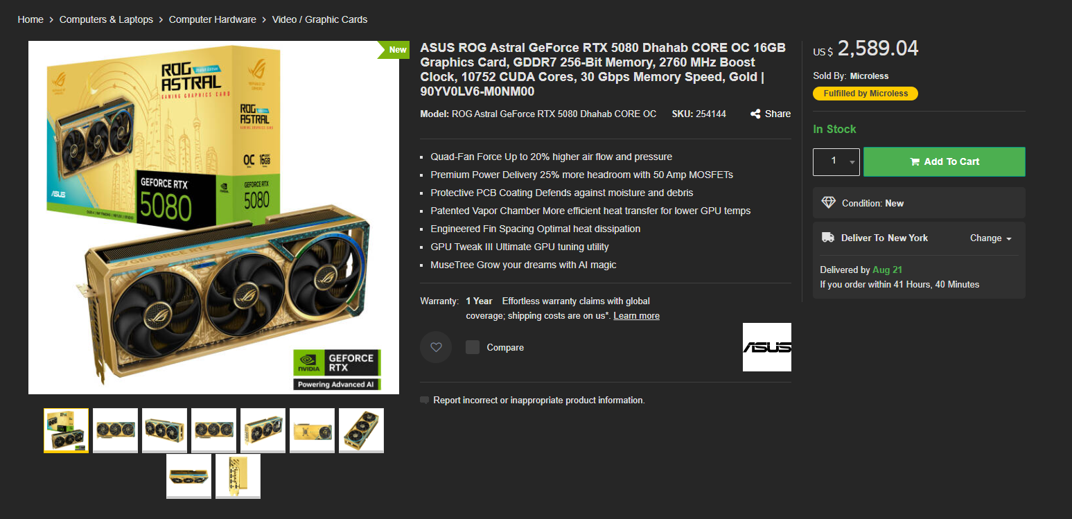 Carte graphique ASUS ROG Astral GeForce RTX 5080 en édition or, avec emballage.
