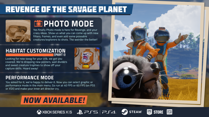 Revenge of the Savage Planet : mode photo et personnalisation désormais disponibles sur consoles.