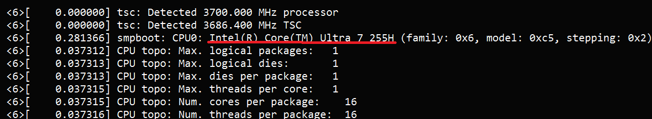 Détails et configurations du processeur Intel Core Ultra 7 255H affichés à l'écran.