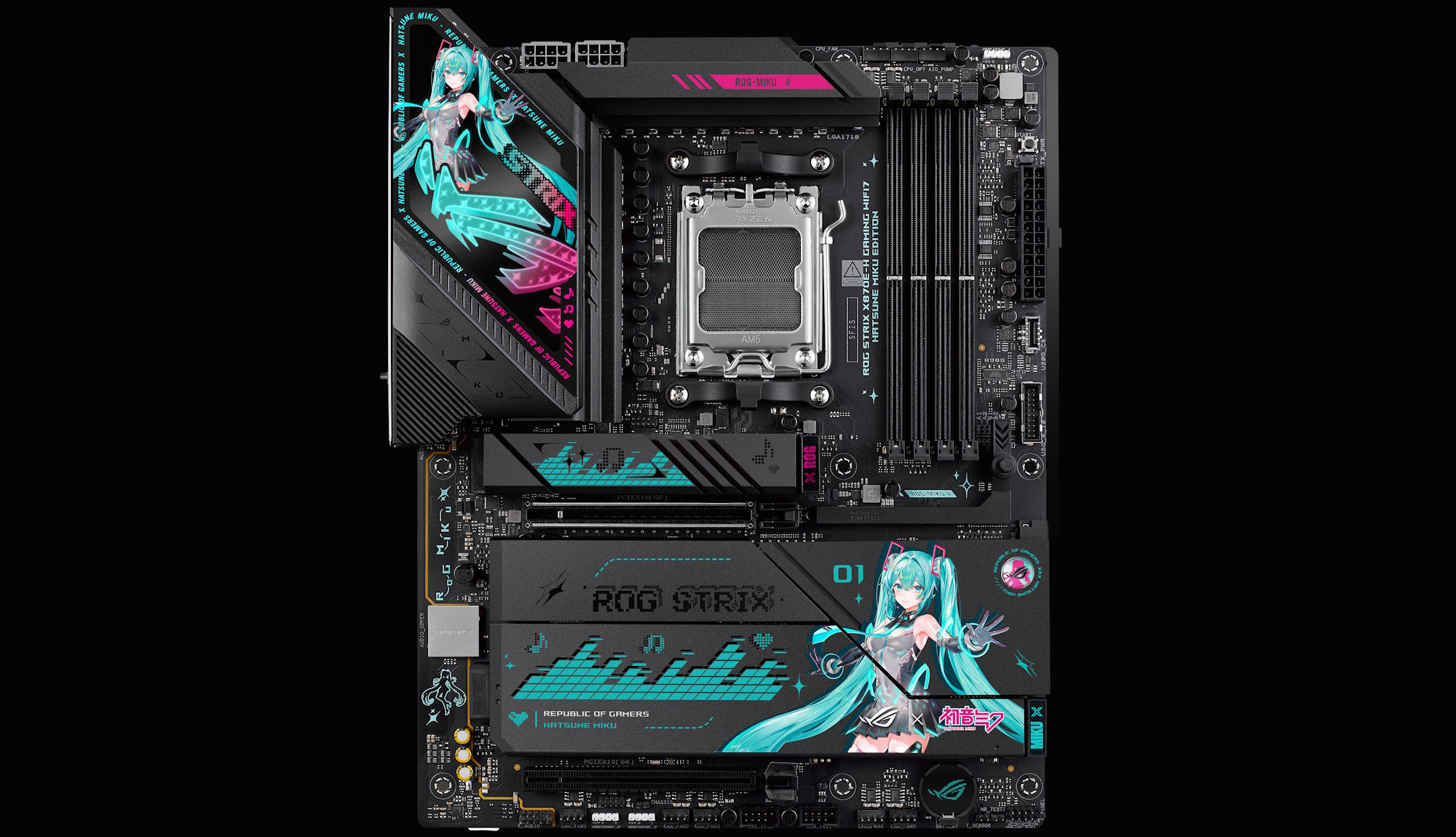 Carte mère ROG Strix colorée avec design anime et composants de jeu avancés.