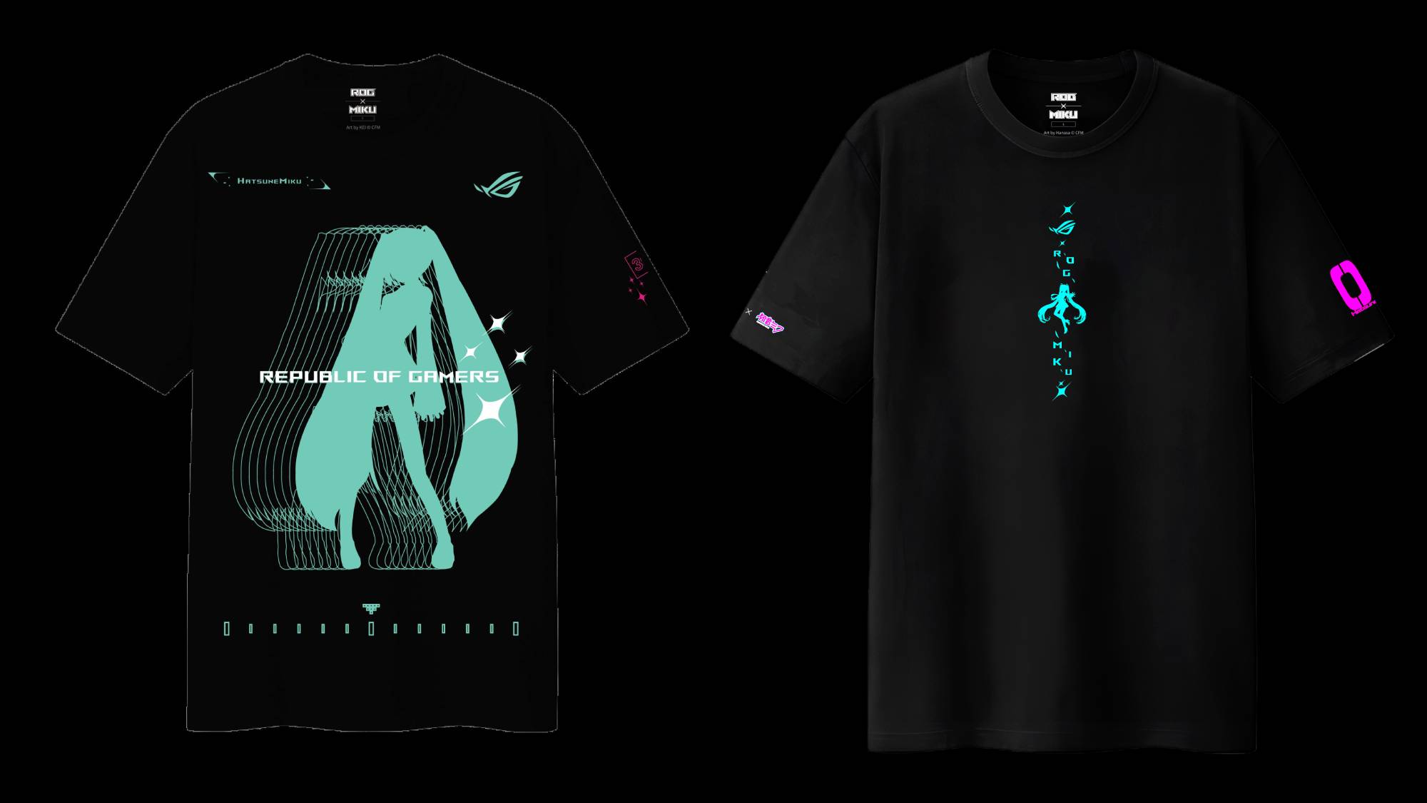 T-shirts noirs avec des graphismes teal et des designs de jeux et d'anime.