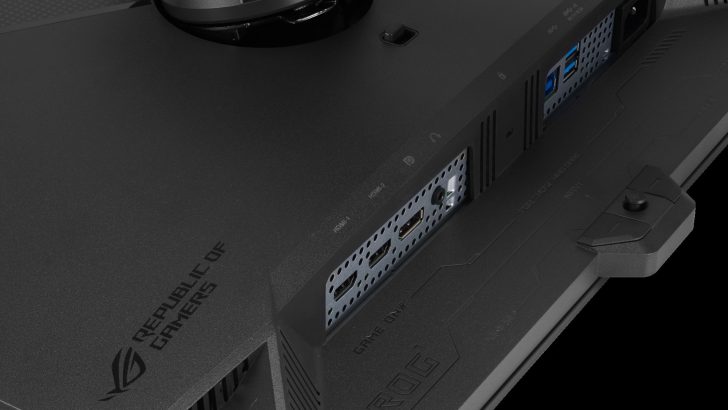 Ports et logos du moniteur de jeu, illustrant la connectivité et le design.