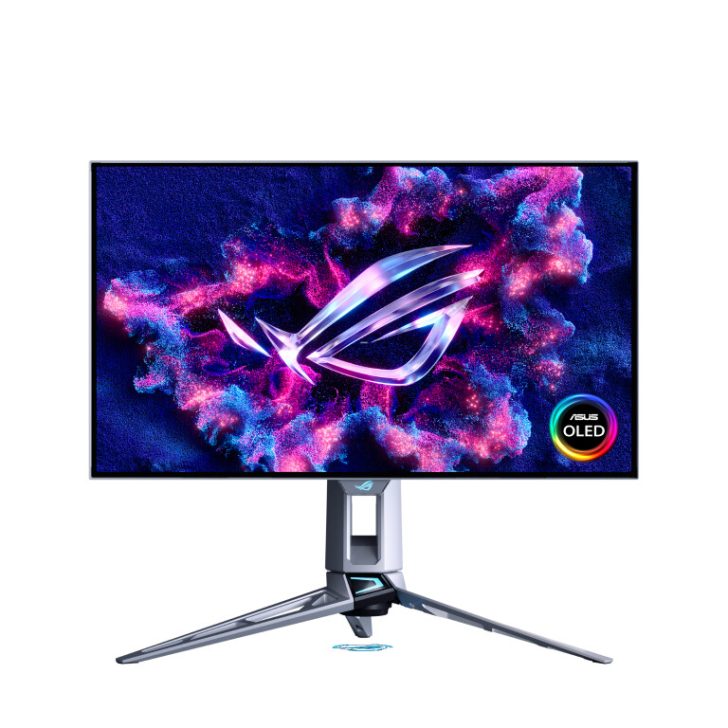 Moniteur de jeu avec affichage vibrant et prise; logo de la technologie OLED visible.