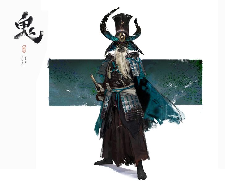 Samurai en armure riche avec un casque complexe et une épée traditionnelle, se tenant contre un fond abstrait.