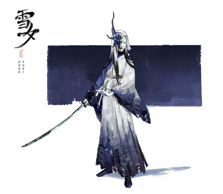 Guerrier mystique en tenue traditionnelle maniant un katana, entouré de teintes bleues et blanches.