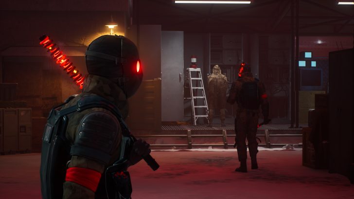 Deux soldats futuristes avec des armes lumineuses dans une installation high-tech sombre.