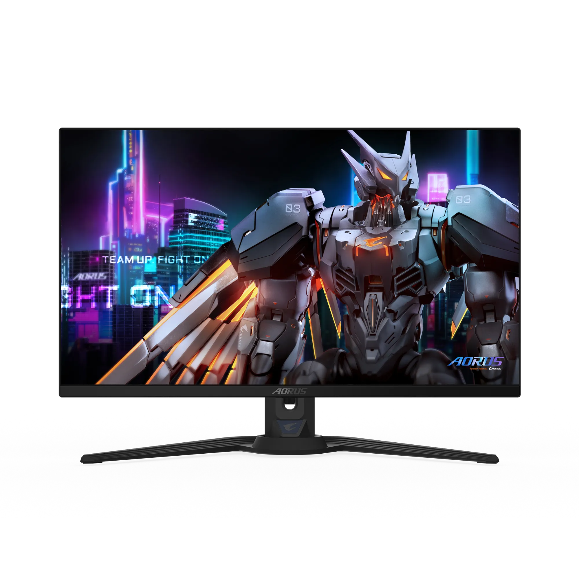 Gaming monitor with futuristic robot design and neon cityscape background. AORUS branding visible.