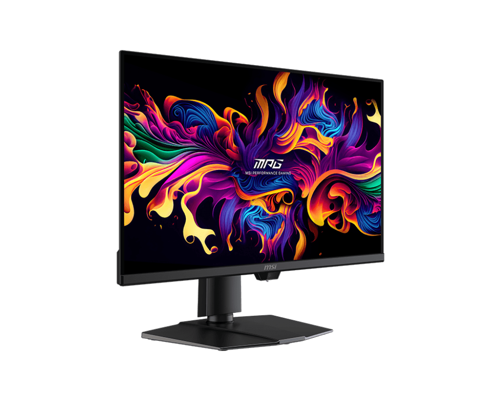 Moniteur de jeu vibrant affichant un design abstrait coloré sur fond noir.