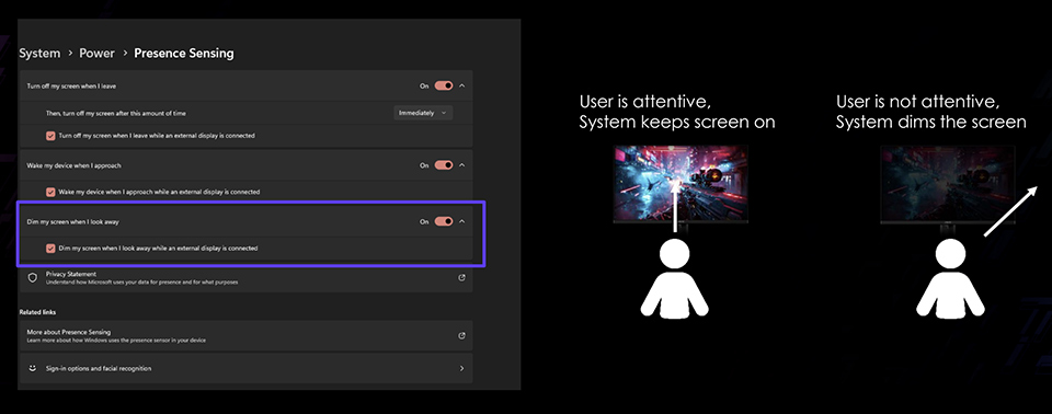 Menu des fonctionnalités de détection de présence avec options pour l'assombrissement de l'écran selon l'attention de l'utilisateur.