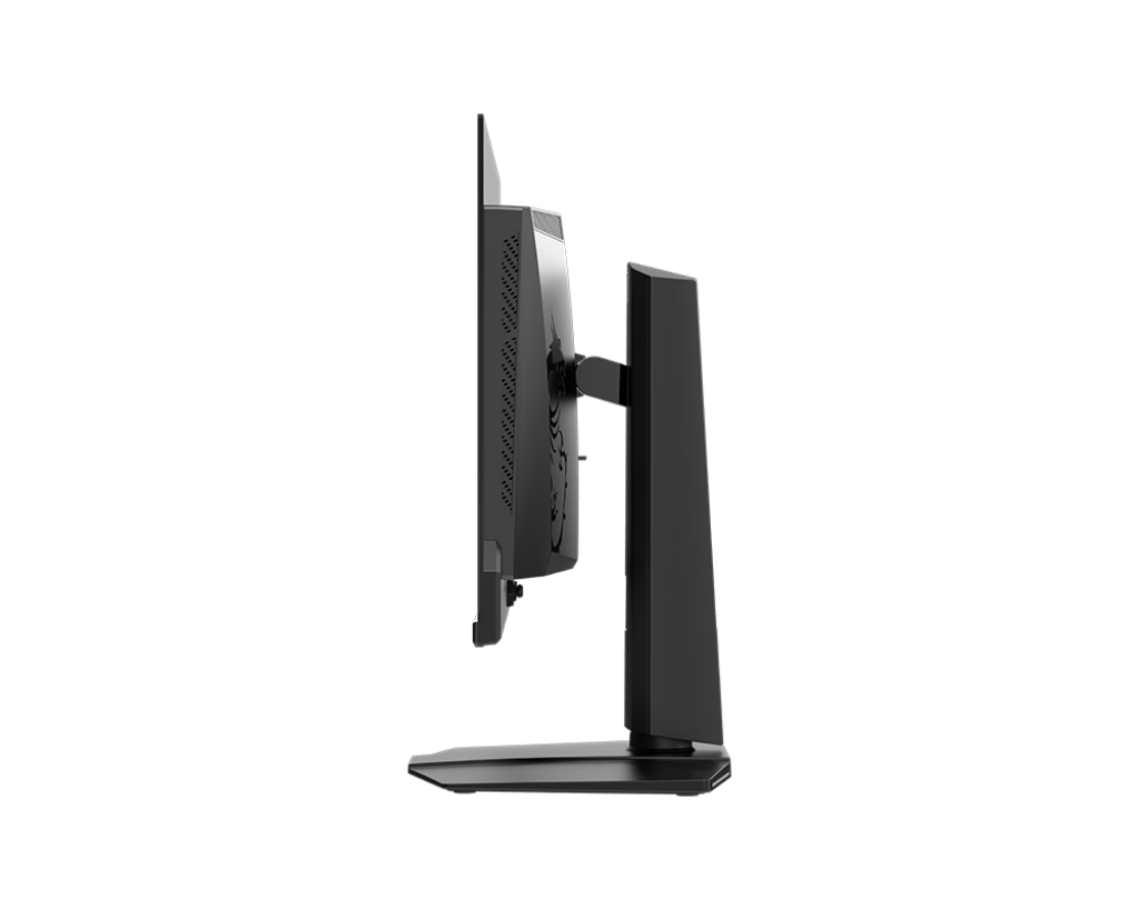 Vue latérale d'un moniteur plat noir sur pied élégant, mettant en avant son design moderne.