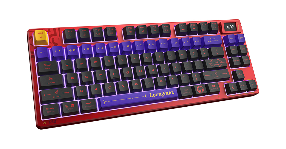 Clavier mécanique de jeu rouge et violet avec keycaps personnalisés et design ergonomique.