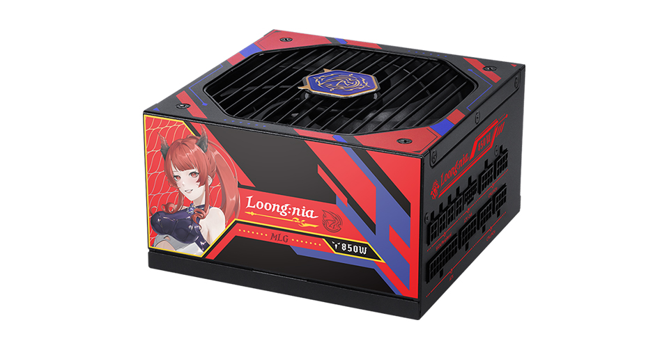 Alimentation de jeu au design inspiré de l'anime, avec ventilation sur le dessus et couleurs vives.