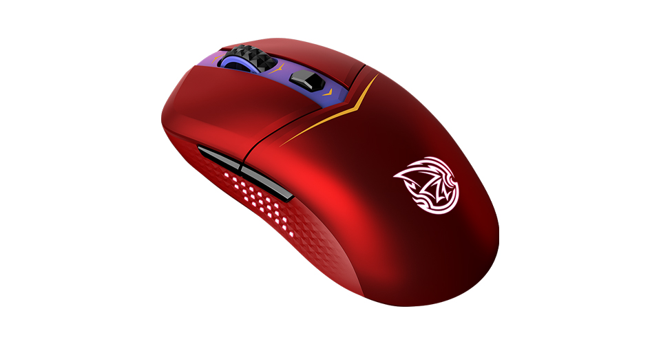 Souris de jeu rouge au design élégant et logo, avec boutons personnalisables et forme ergonomique.