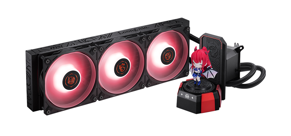 Ventilateurs de refroidissement RGB avec une petite figurine de style anime sur une base rouge et noire.