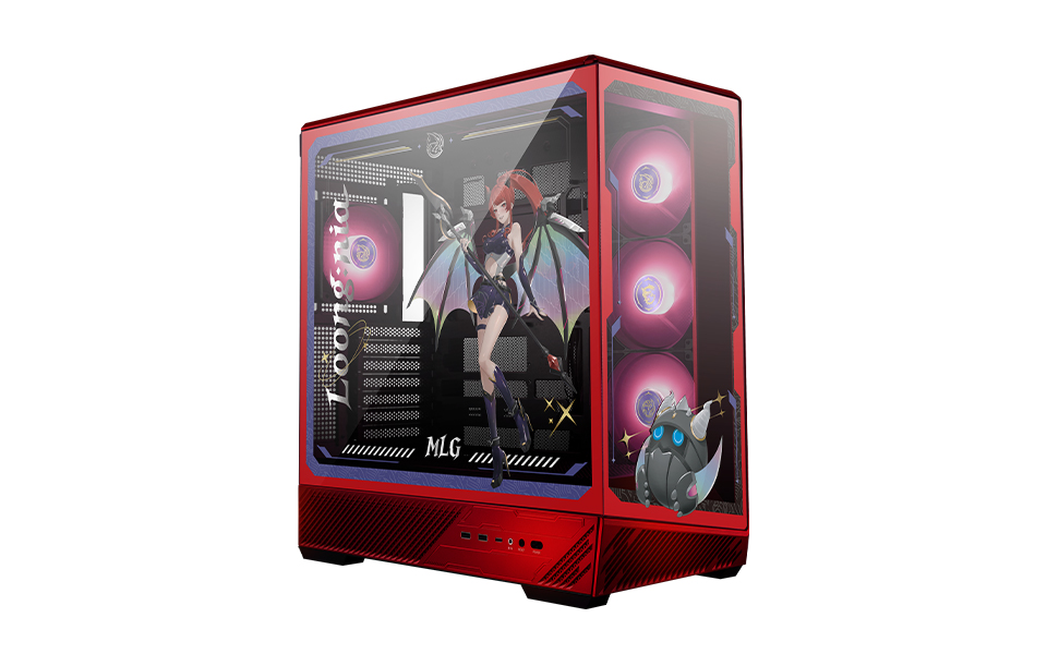 Boîtier PC de jeu rouge avec des graphiques d'anime et des ventilateurs LED colorés.