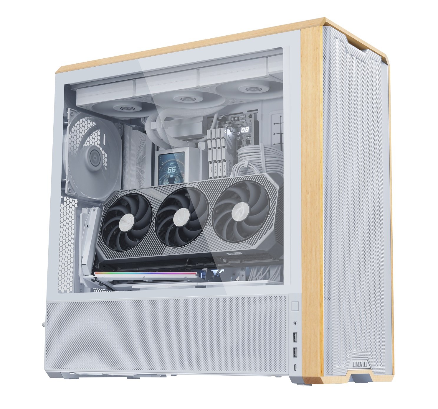 Custom gaming PC with a transparent side panel and advanced cooling system.