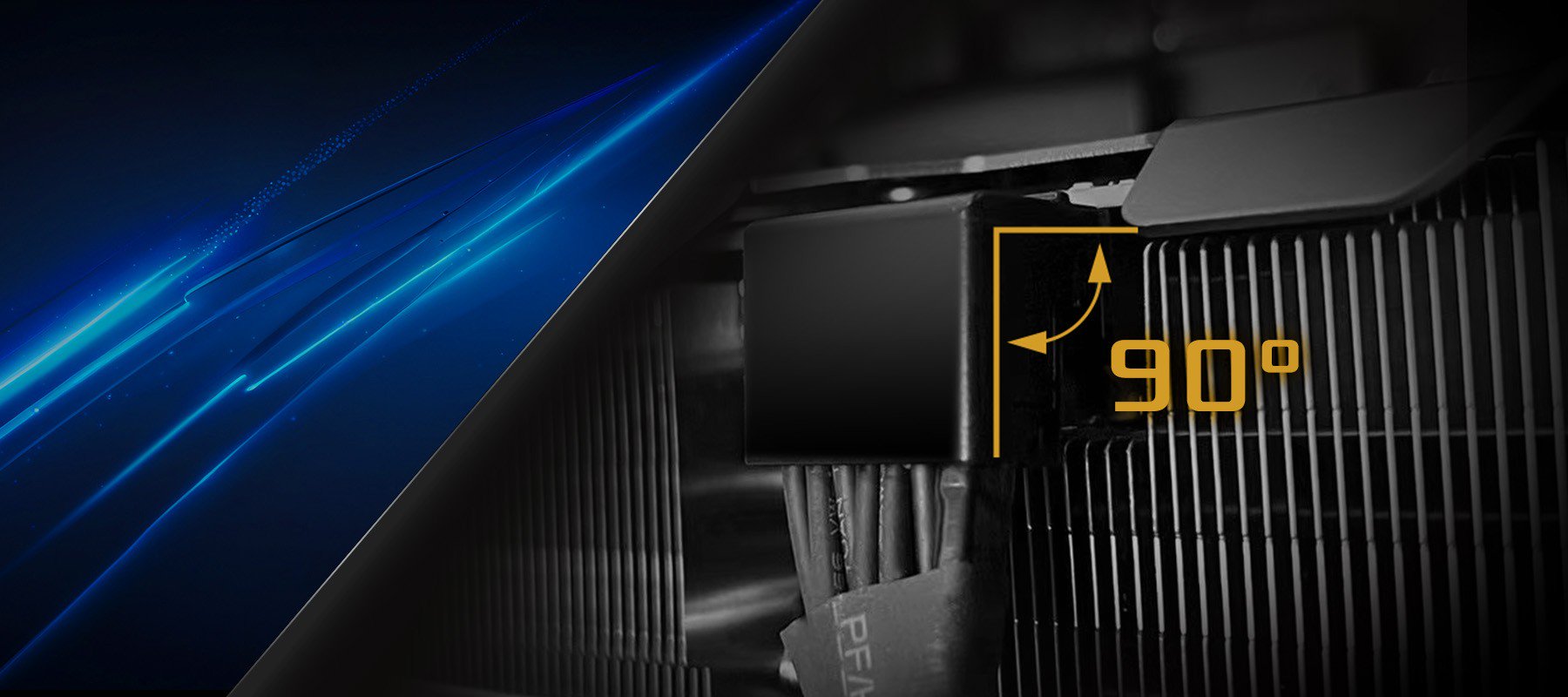 CPU cooler design with 90-degree airflow optimization for enhanced thermal performance.