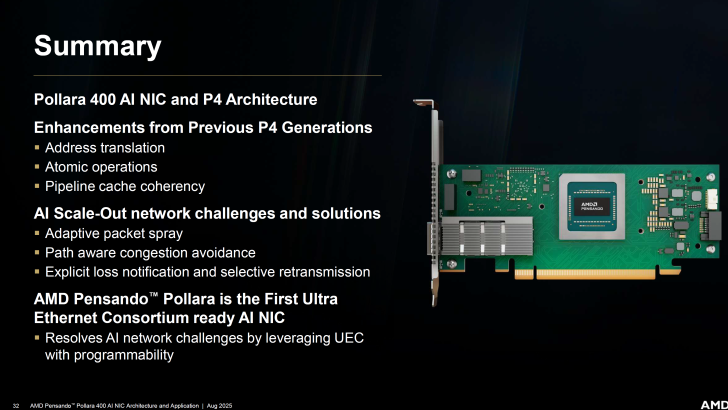 Pollara 400 AI NIC summary highlighting P4 architecture and network solutions.