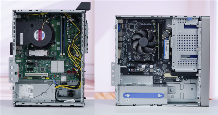Deux boîtiers ouverts de PC de bureau montrant l'intérieur des composants.
