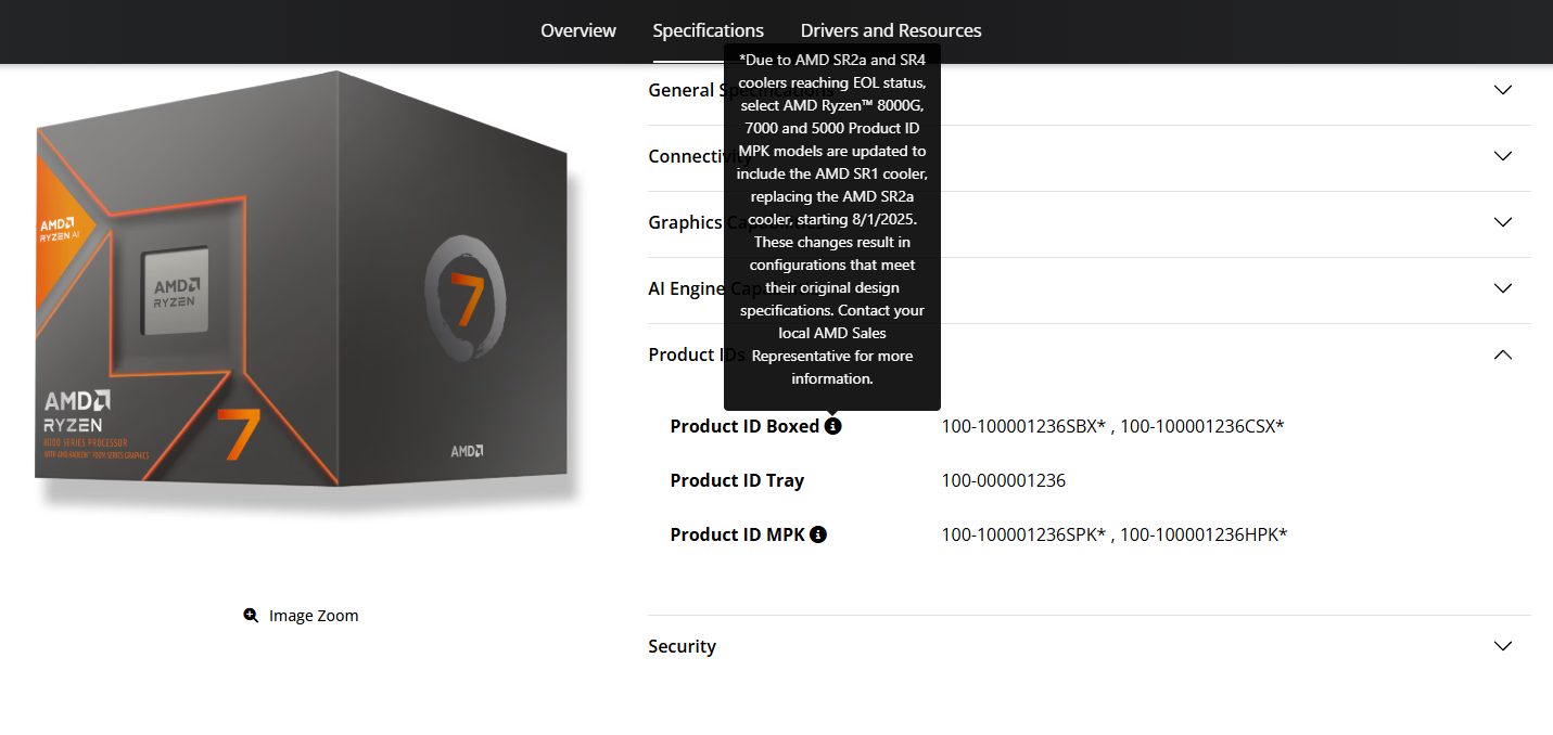 AMD Ryzen 7 processor box with specs list showing Product ID Boxed number 100-100001236SBX*.