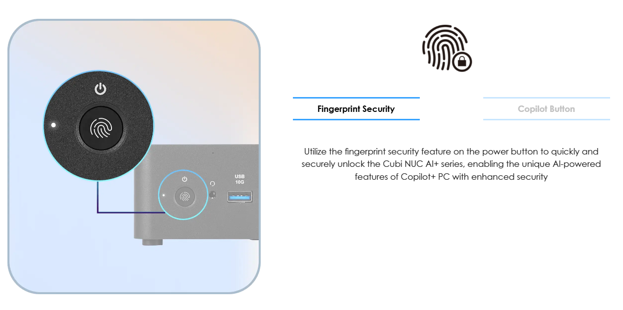 Cubi NUC AI+ avec sécurité par empreinte digitale sur le bouton d'alimentation.