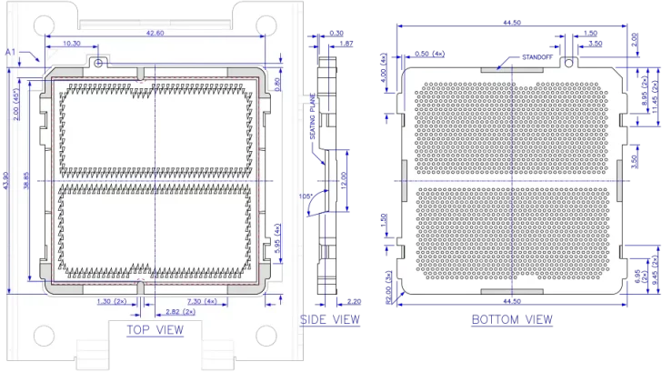 Diagramme technique d'un socket CPU montrant des vues de dessus, de côté et de dessous.