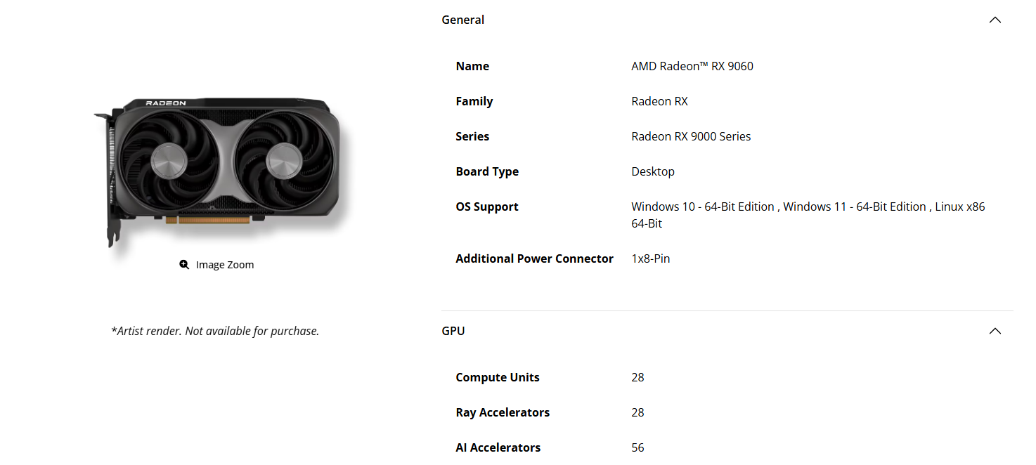 AMD Radeon RX 9060 GPU with dual fans, specs listed, supports Windows 10/11 and Linux.
