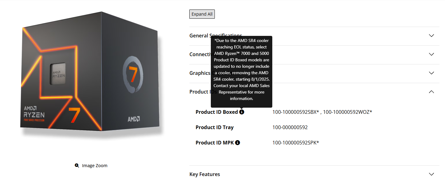 AMD Ryzen 7 7000 series processor box with specifications and product ID information displayed, text reads “AMD RYZEN 7000 SERIES PROCESSOR”.