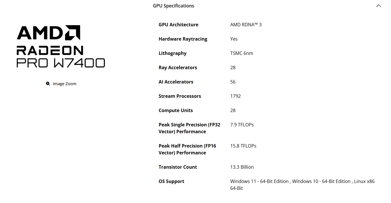 Caractéristiques de la AMD Radeon Pro W7400 GPU : RDNA 3, ray tracing, TSMC 6nm, 1792 processeurs, 7.9 TFLOPs, AI.
