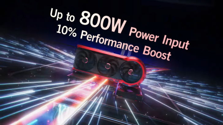 GPU haute performance rouge avec entrée d'alimentation de 800W et augmentation de vitesse de 10% sur fond futuriste.